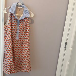 THML Orange and Light Blue Geometric Sleeveless Collared Mini Dress